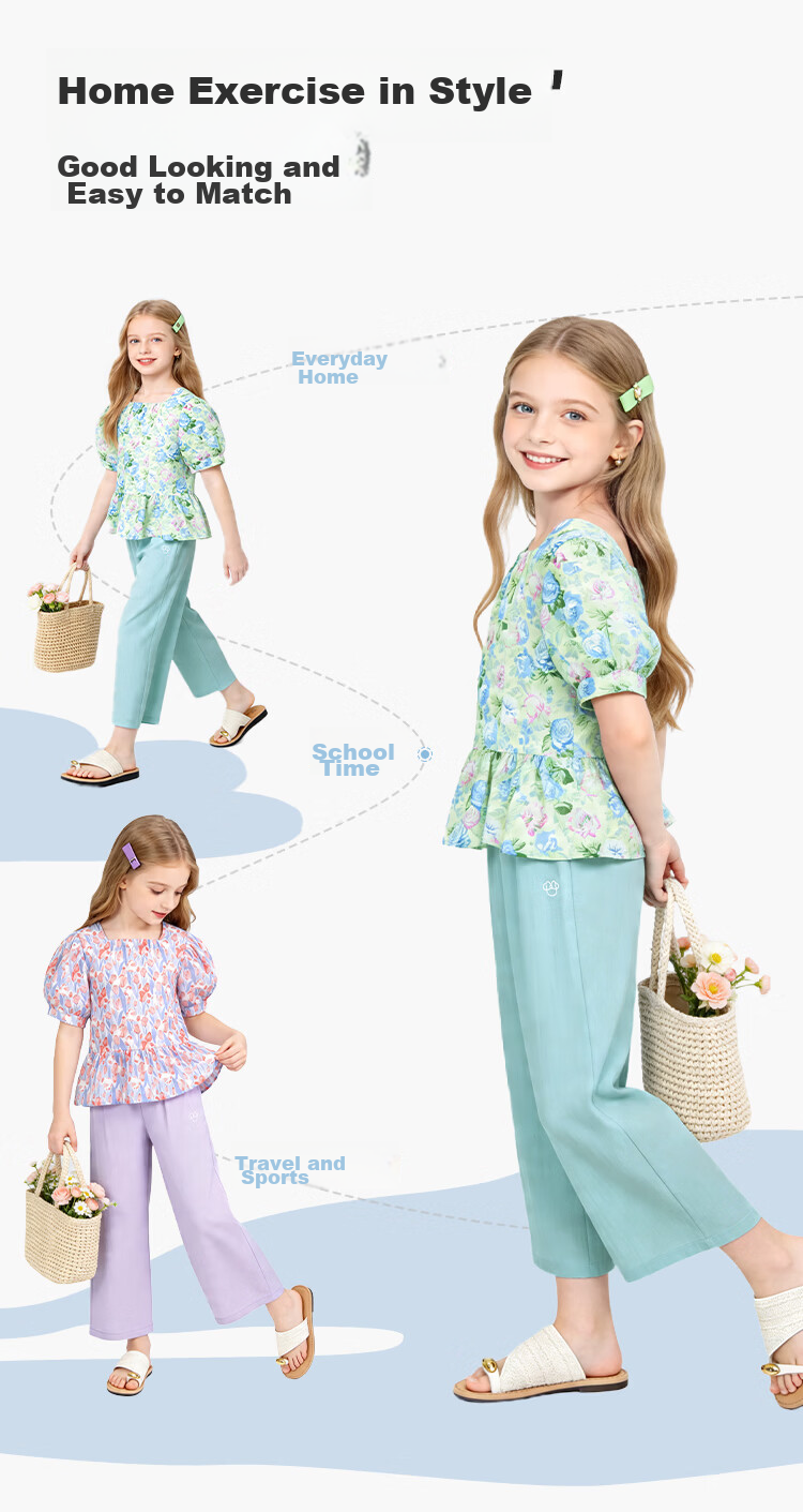 Disney Girls' Short Sleeve T-Shirt Set Summer Floral Cotton Top Two-Piece Light Blue 110 9