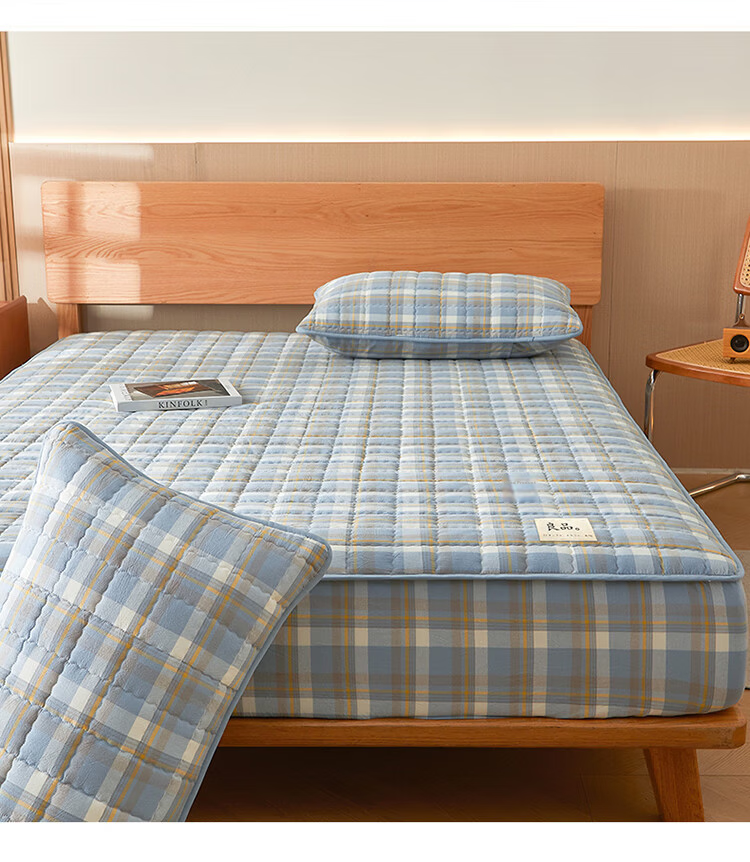 Yalu A-Class Original Cotton Thickened Mattress Protector Single Piece Non-Slip Dustproof Bed Cover Glacier Blue Plaid 180*200cm 8