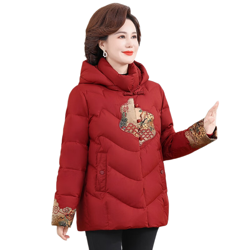 Qiufuluo Mom's Winter Red Warm High-Quality Down Cotton Coat Middle-Aged and Elderly Women's Fashion Jacket for 50s and 60s