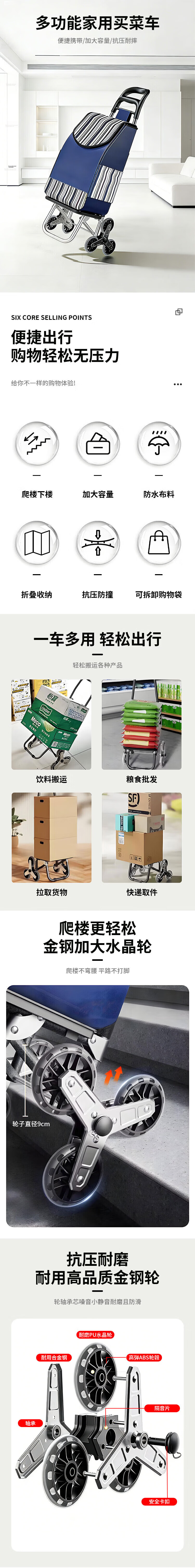 Honggong Portable Grocery Cart Household Foldable Shopping Trolley for Elderly Lightweight Stair-Climbing Blue Striped Model 1