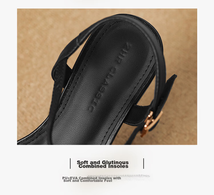 ZHR Women's Summer Sandals First Layer Lambskin One-Strap Flat Sandals French Retro Chunky Heel EH363 Black Size 36 9