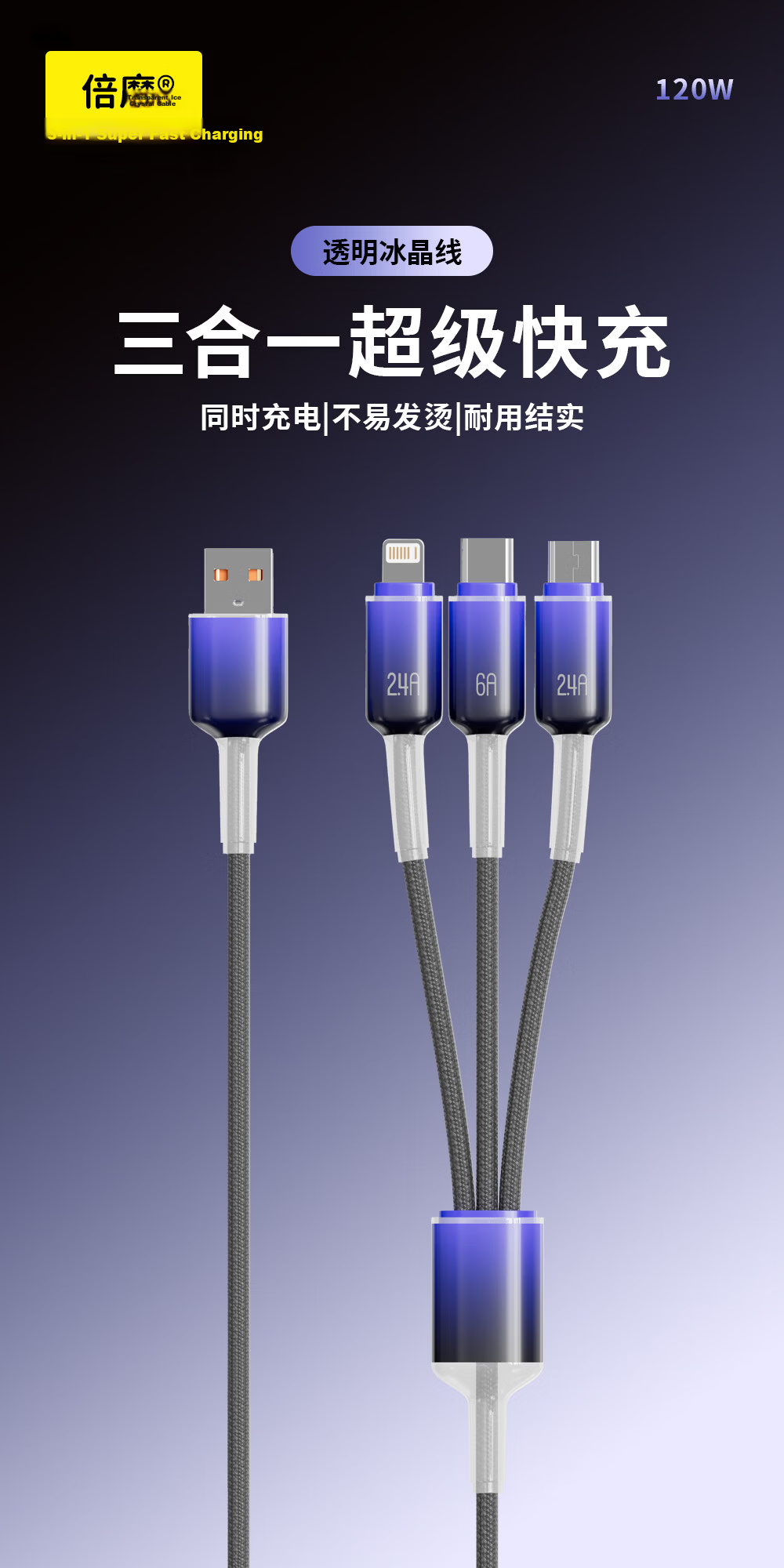 Beimo 3-in-1 Fast Charging Data Cable 120W Type-C Charger Cable Compatible with iPhone 17 Pro Max/16 Huawei/Xiaomi Car Charger 2m 1