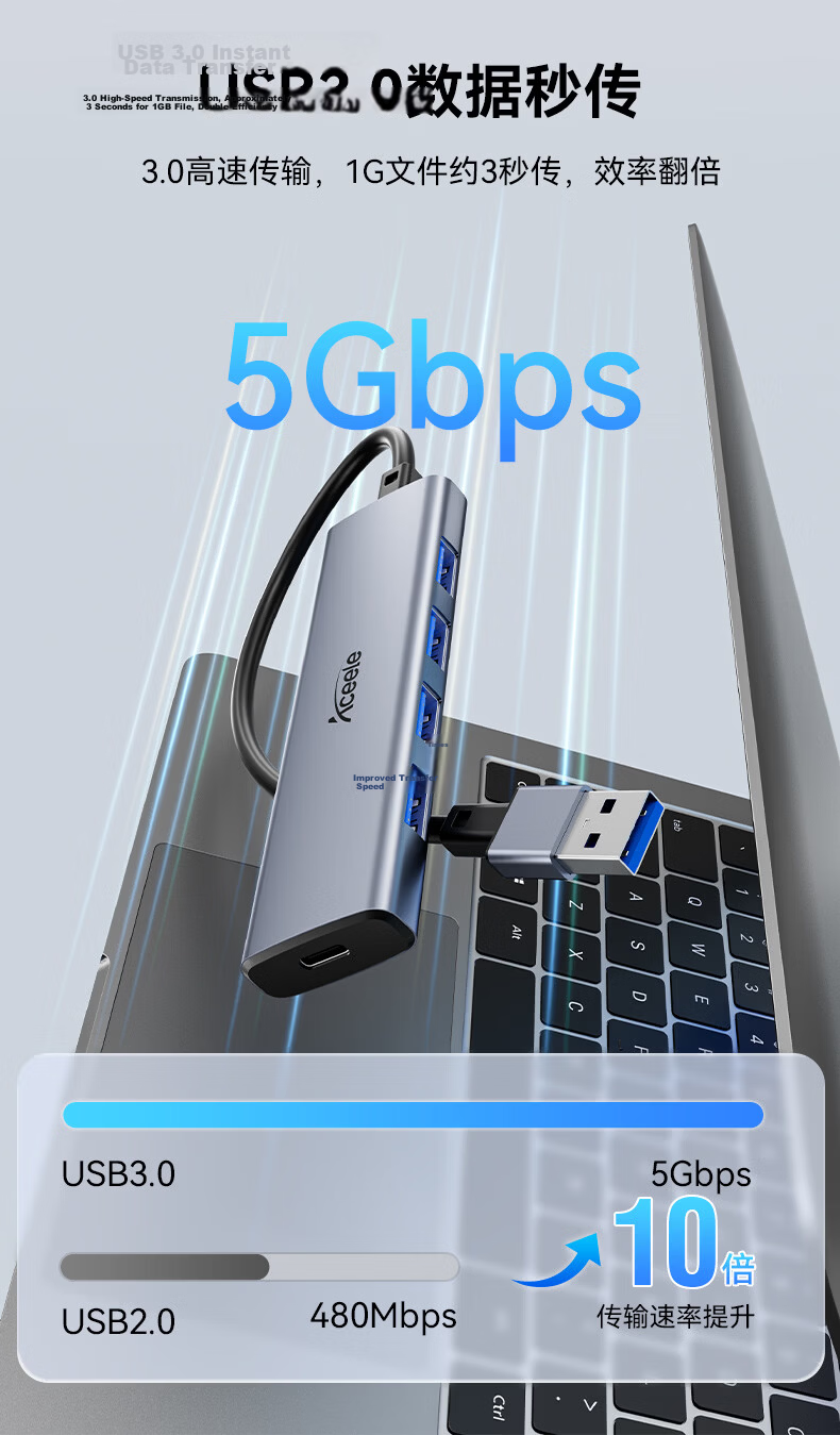 ACEELE USB 3.0 4-Port High-Speed Hub Type-C Power Delivery Splitter 4-in-1 Converter Plug and Play Smooth Aluminum Case Gray 0.2m 4