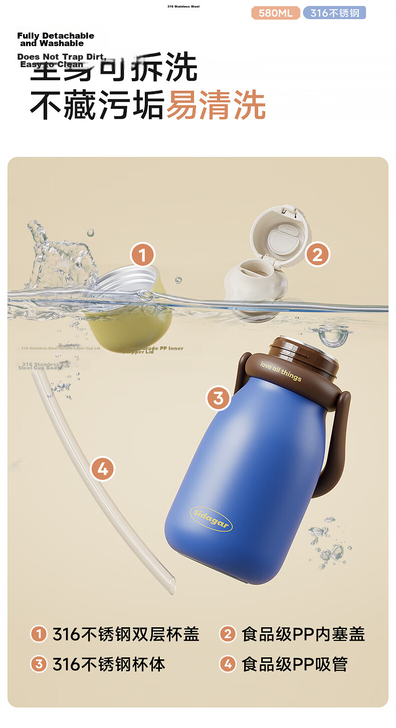 Shida Home Insulated Water Bottle for Women, Three-in-One Portable Stylish Cup with Straw, 316 Stainless Steel 10