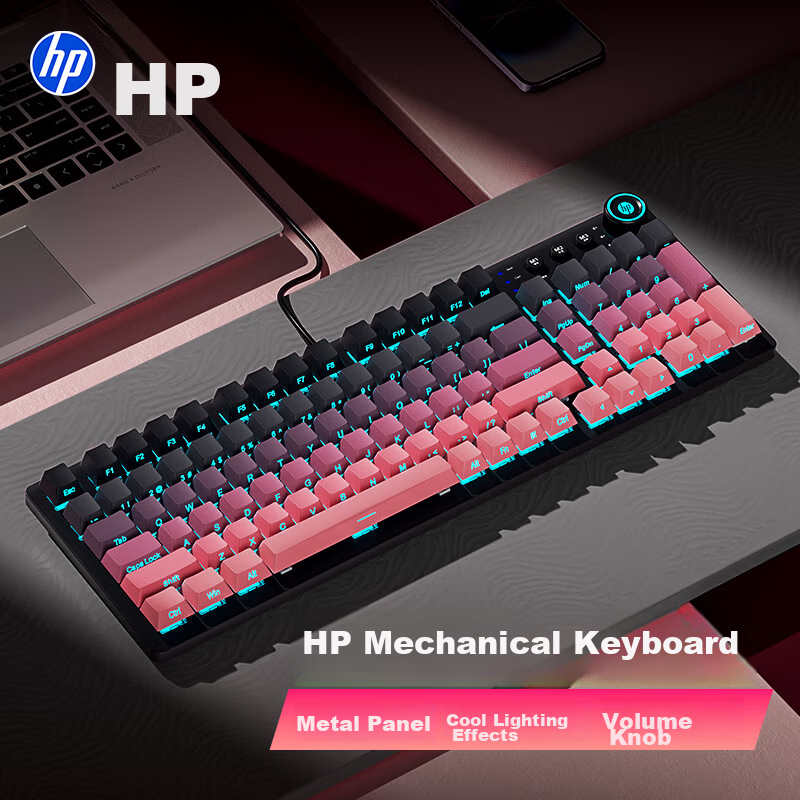 HP GK100S Gradient Side-Printed Mechanical Keyboard Wired 99-Key Gaming Metal Panel Multifunctional Volume Knob Hot-Swappable Full-Key Desktop Laptop Keyboard