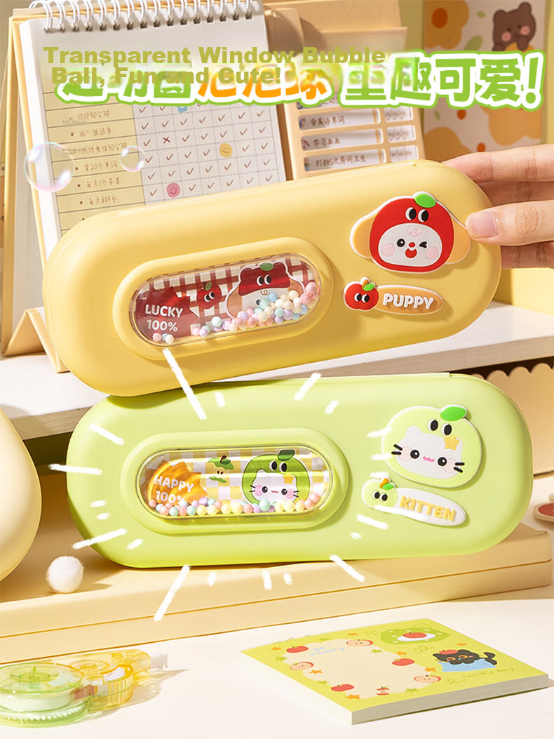 Kabaxiong Bubble Ball Double-Layer Stationery Box Large Capacity Pencil Case for Boys and Girls Green Apple Cat 3
