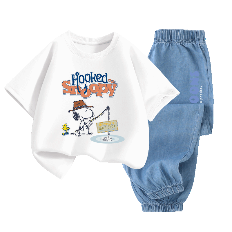 SNOOPY Boys Short Sleeve Set Children's Cotton Tencel Denim 2-Piece Set Fishing White T-Shirt + Crown Dark Blue Pants Size 120