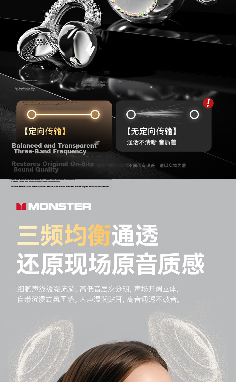 Monster Opus 1 Jewelry Earphones Flat Ear Design Zinc Alloy Diamond Plated Self-Developed Planar Speaker ENC HD Call Silver 10