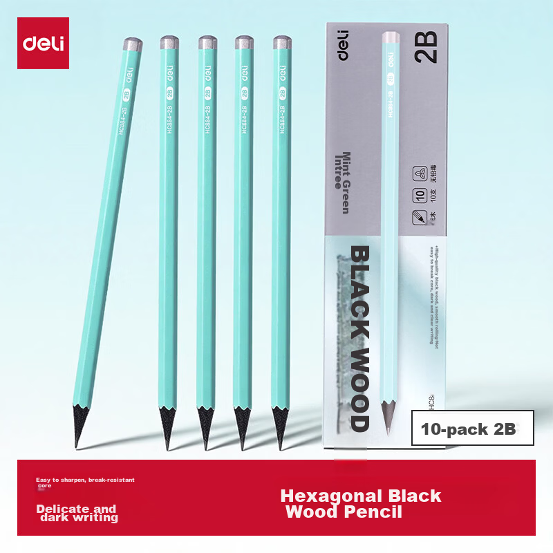 Deli 10-Pack 2B Green Hexagonal Wooden Pencils Non-Toxic Graphite Writing Pencils for Students Homework Exams Mint Green
