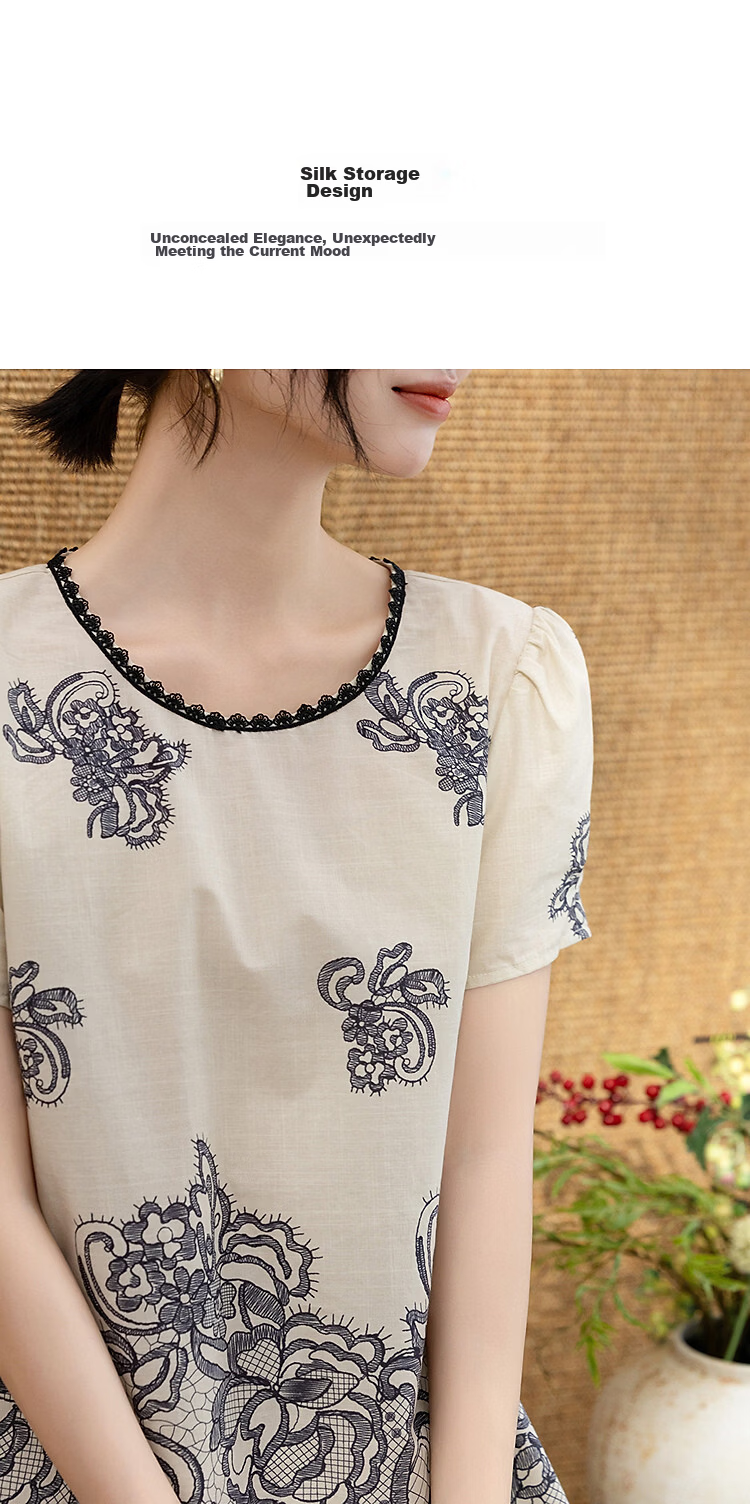 Demana [Oxygen Pure Cotton] Summer Elegant Style Round Neck Lace Printed A-Line Slimming Concealing Shirt for Women Premium Feel 6