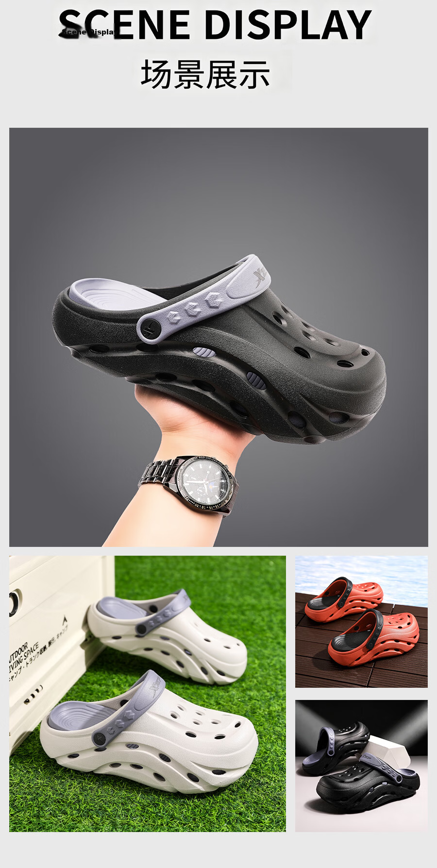 XTEP Men's Beach Sandals Summer New Sports Hollow Shoes A101 Black/Grey Blue 38-39 9