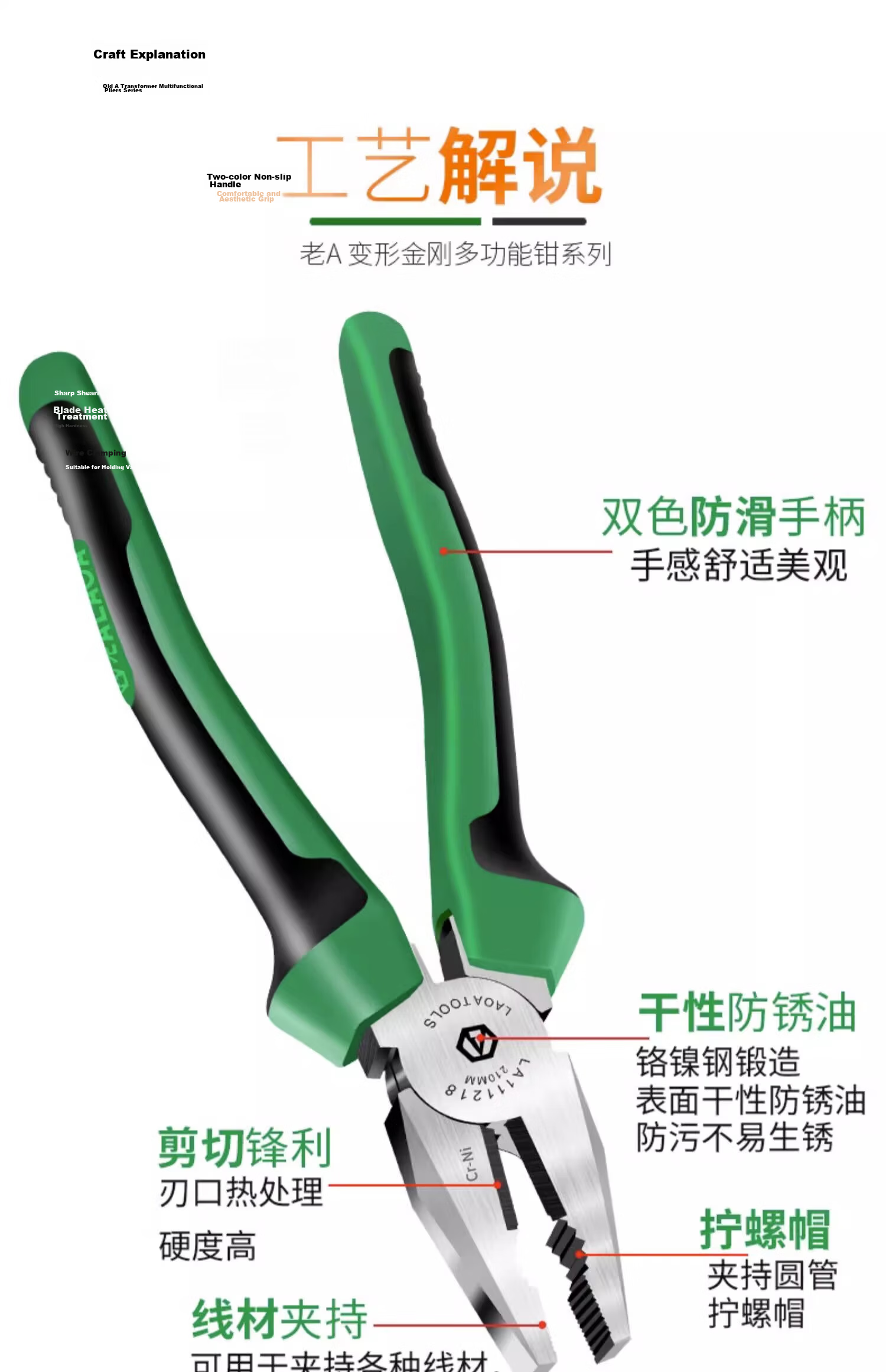 LAOA LA111218 8-Inch Steel Wire Pliers Industrial Tiger Pliers Household Clamping Wire Cutters 8