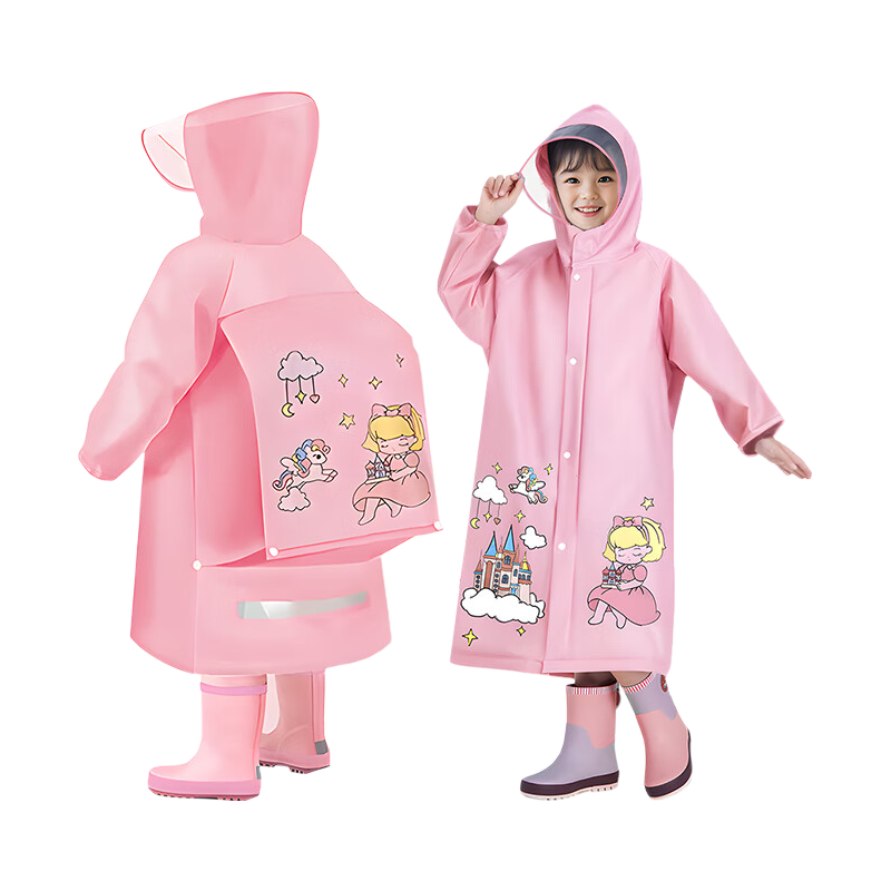 Leyoubaiyi Children's Raincoat, Boys And Girls Extended Full Body, Student Kindergarten Poncho with Backpack Space, Cartoon Pink, 2XL