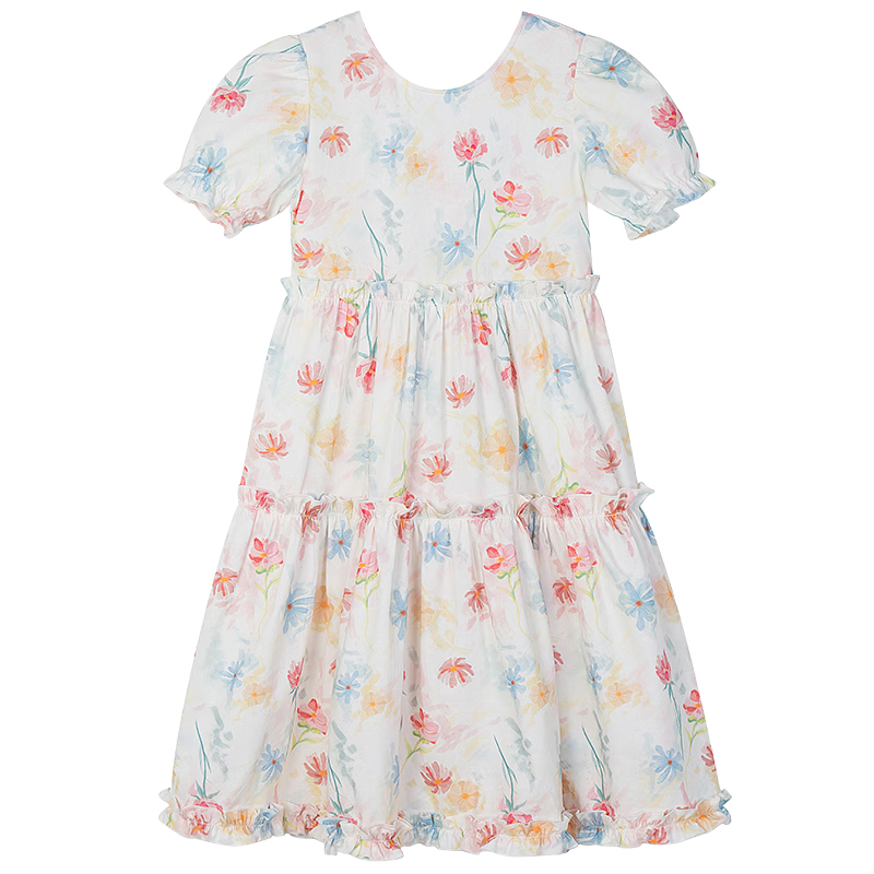 Fulomi Girls Summer Dress Beautiful Princess Dress Sweet Floral Dress Beige 140cm