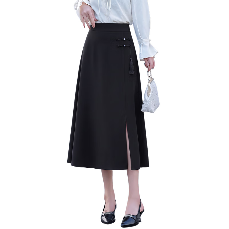 Chushen Spring And Autumn Midi Skirt for Women, Oriental Minimalist Luxury Style, New Chinese Vintage Style, Button And Tassel A-Line Skirt S143B2004