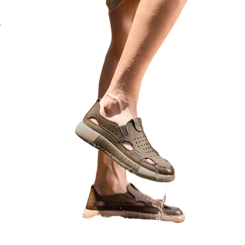 LAORENTOU Men's Summer Closed-Toe Outdoor Casual Beach Sandals Non-Slip Hollow Leather Sandals LL193 Khaki Size 38