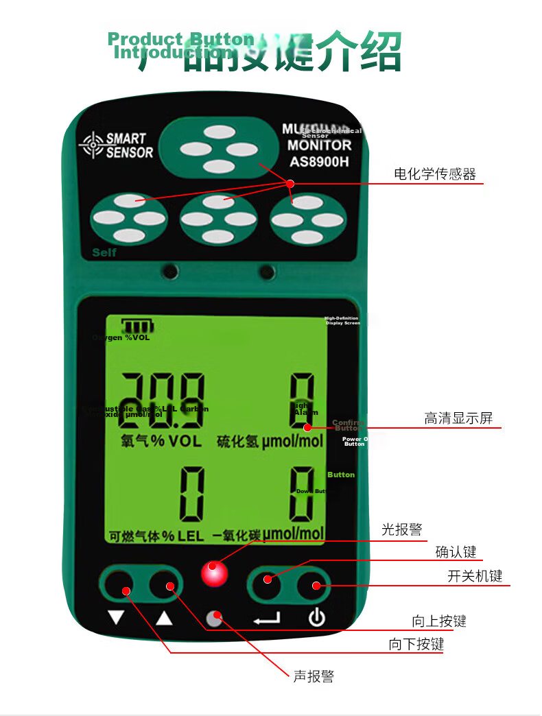 CEM AS8900H 4-in-1 Gas Detector Oxygen Carbon Monoxide Hydrogen Sulfide Combustible Gas 5