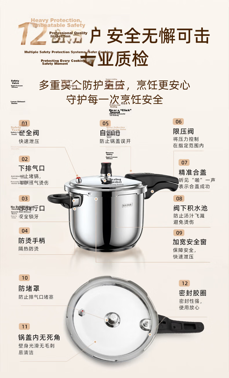 JD Jingzao Pressure Cooker 6L Stainless Steel 304 Multi-Safety Explosion-Proof Red Dot Lock Compatible with Gas Stove 22cm 8