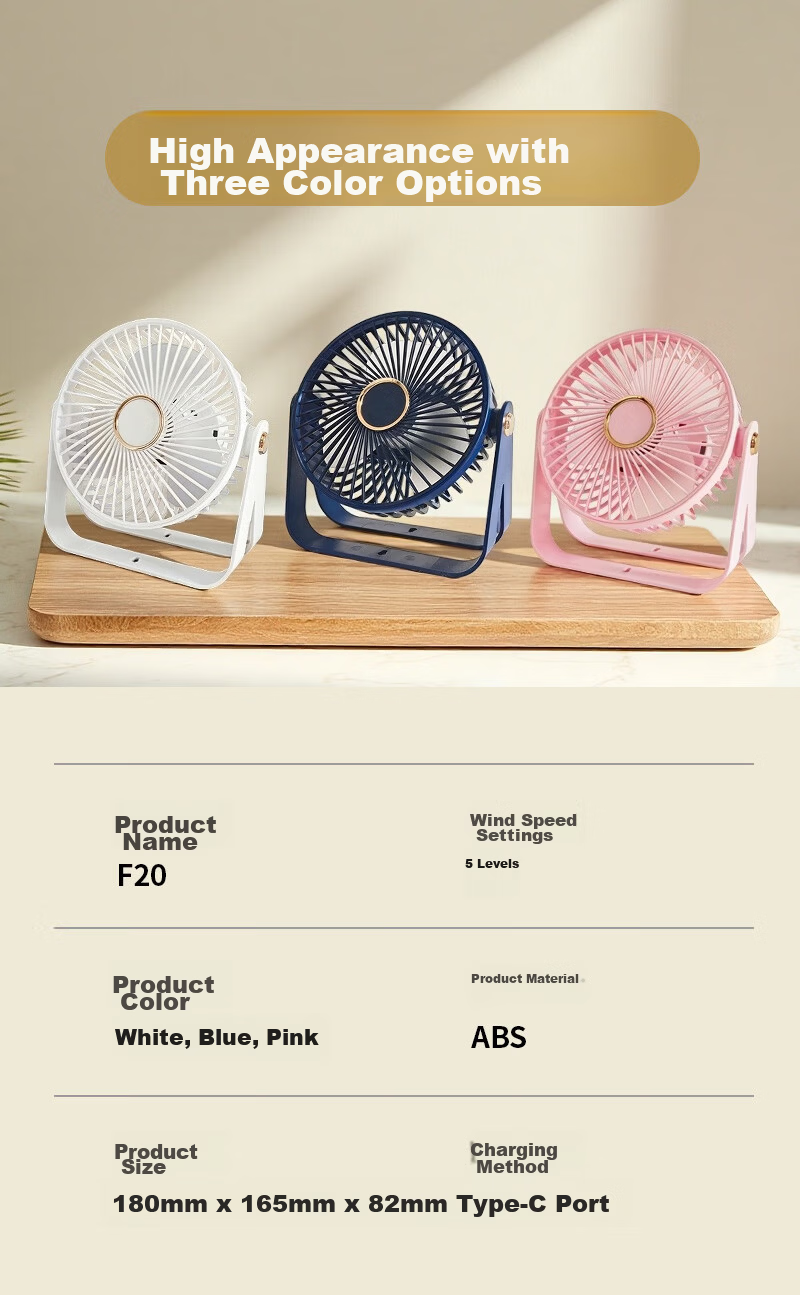 Yueke USB Desktop Fan Silent Five-Speed with Light Portable Rechargeable Small Fan for Home Bedroom Student Dormitory Office Desktop Wall-Mountable Fan 8