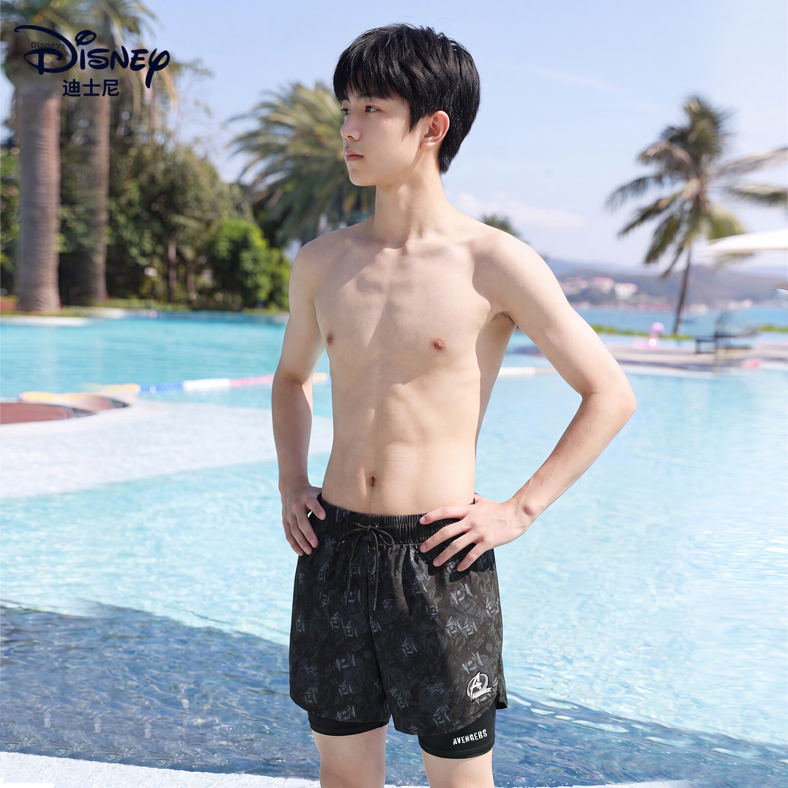 Disney Men's Swim Trunks for Teenagers High School Double-Layer Anti-Embarrassment Beach Shorts with Swim Cap Set D86001 Obsidian Black L