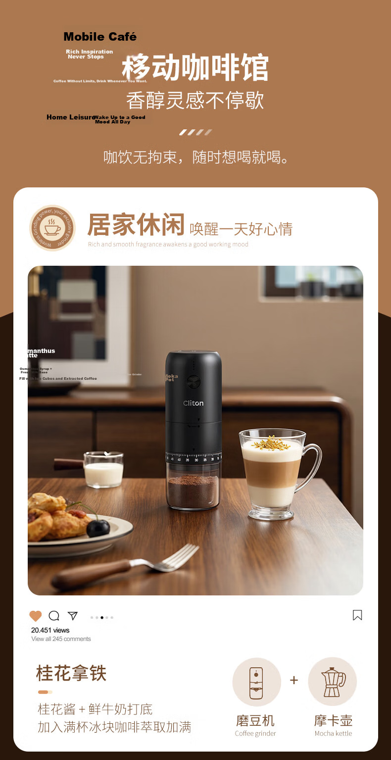 CLITON Electric Coffee Grinder Adjustable Portable Manual Coffee Bean Grinder Automatic Powder Mill 15