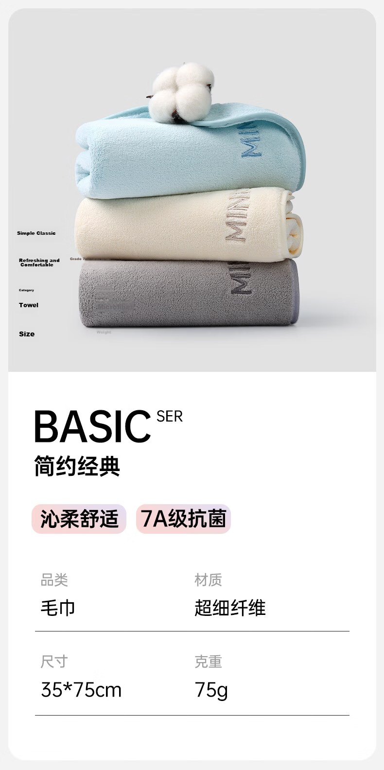MINISO Adult Towel Face Wash Home Use Cotton Absorbent Quick-Dry Coral Fleece Hair Drying Towel Blue + Off-White 4