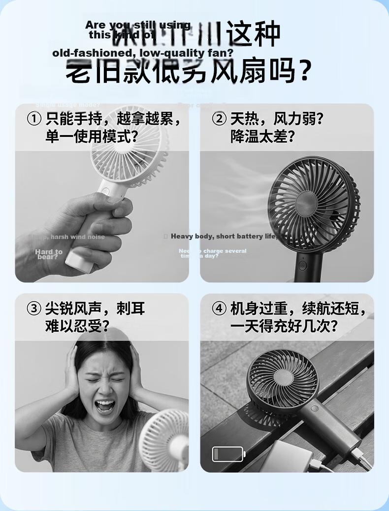 CHIGO Heavy-Duty New Handheld Mini USB High-Speed Cooling Rechargeable Fan Long Battery Life Portable Neck Hanging Silent Student Outdoor Cooler 5