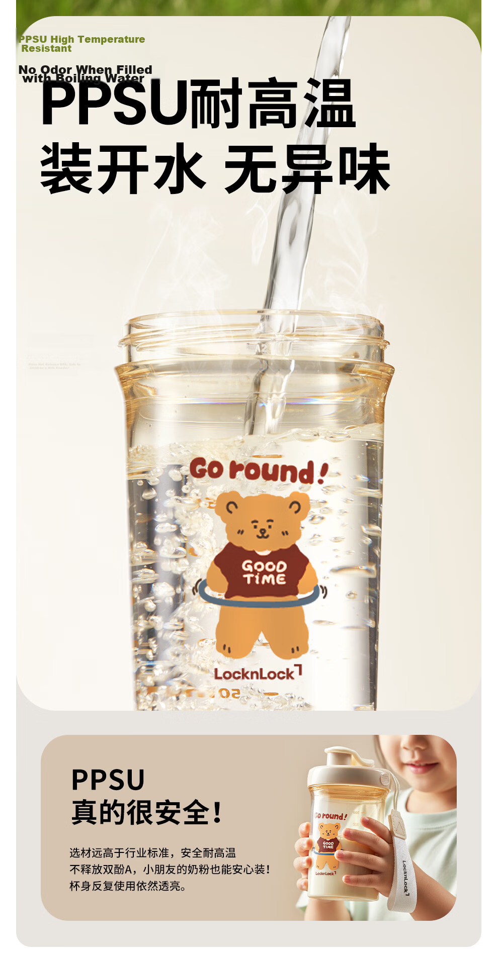 Lock&Lock Kids Direct Drinking Water Bottle Portable Student School Cup PPSU Transparent Water Bottle for Ages 3+ 5