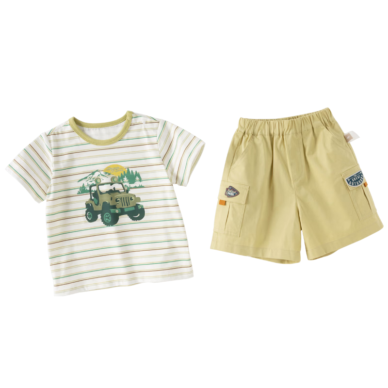 DAVE & BELLA Kids Knitted Five-Point Shorts Set Summer Boys Short Sleeve Striped T-Shirt Two-Piece Set