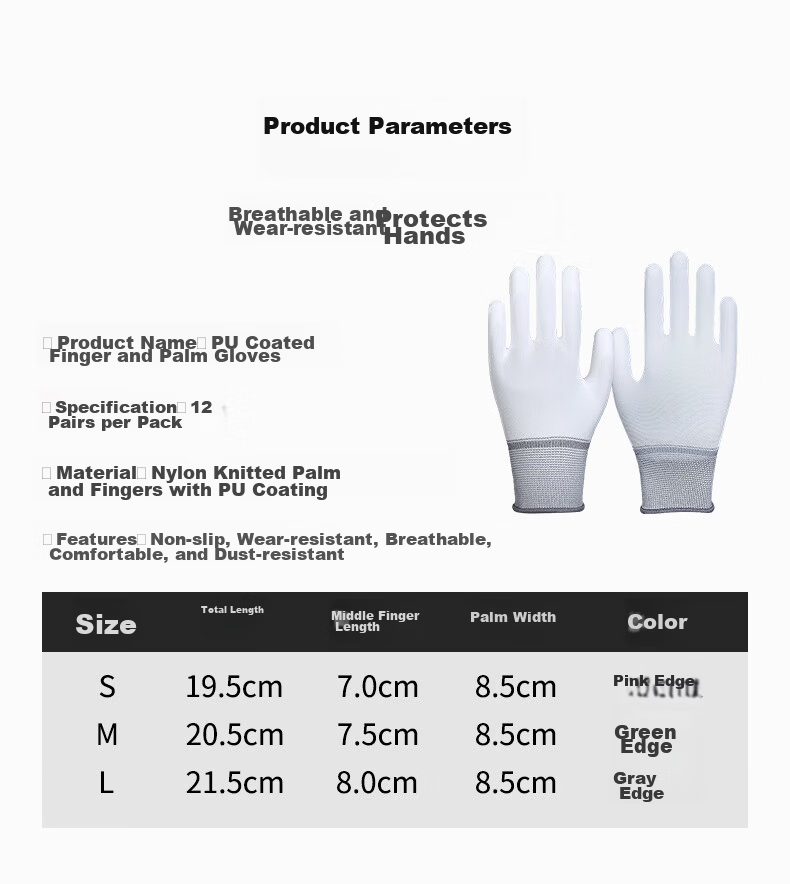 AMS PU Nylon Coated Palm Gloves, Lightweight Summer Work Gloves, White, Wear-Resistant, Anti-Slip, Breathable, Unisex, Medium Size, 12 Pairs 11