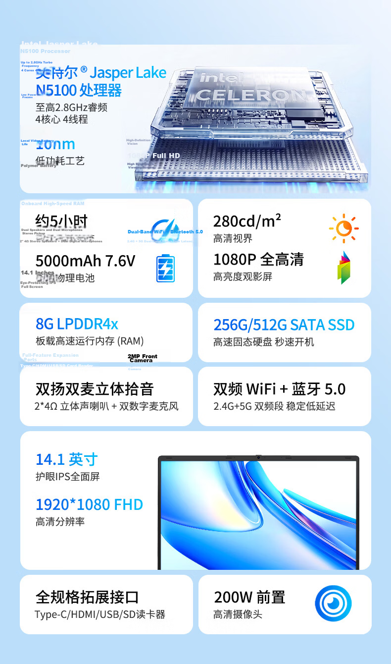 Lenovo Investment Brand Yinenozer Laptop 2026 New P14H 14.1-inch HD Lightweight Business Notebook Intel Processor 8GB 512GB 2