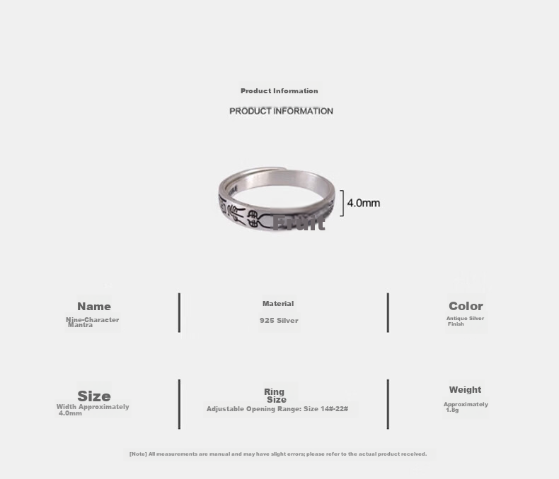 Longhushan Silver Ring Men's Nine-Character Mantra Adjustable Open Ring Protective Index Finger Ring Birthday Gift for Men 6