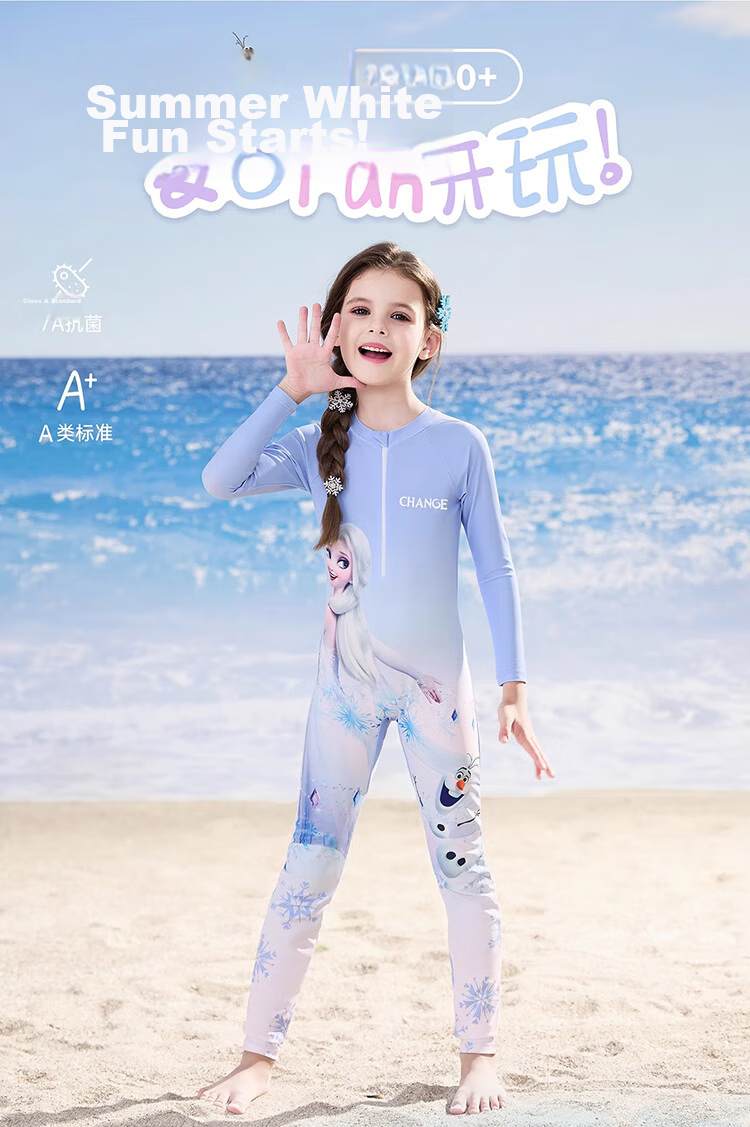 Disney Kids Girls One-Piece Long Sleeve Long Pants Sunscreen Swimwear Class A D35052 Elsa Princess Blue Size 130 1