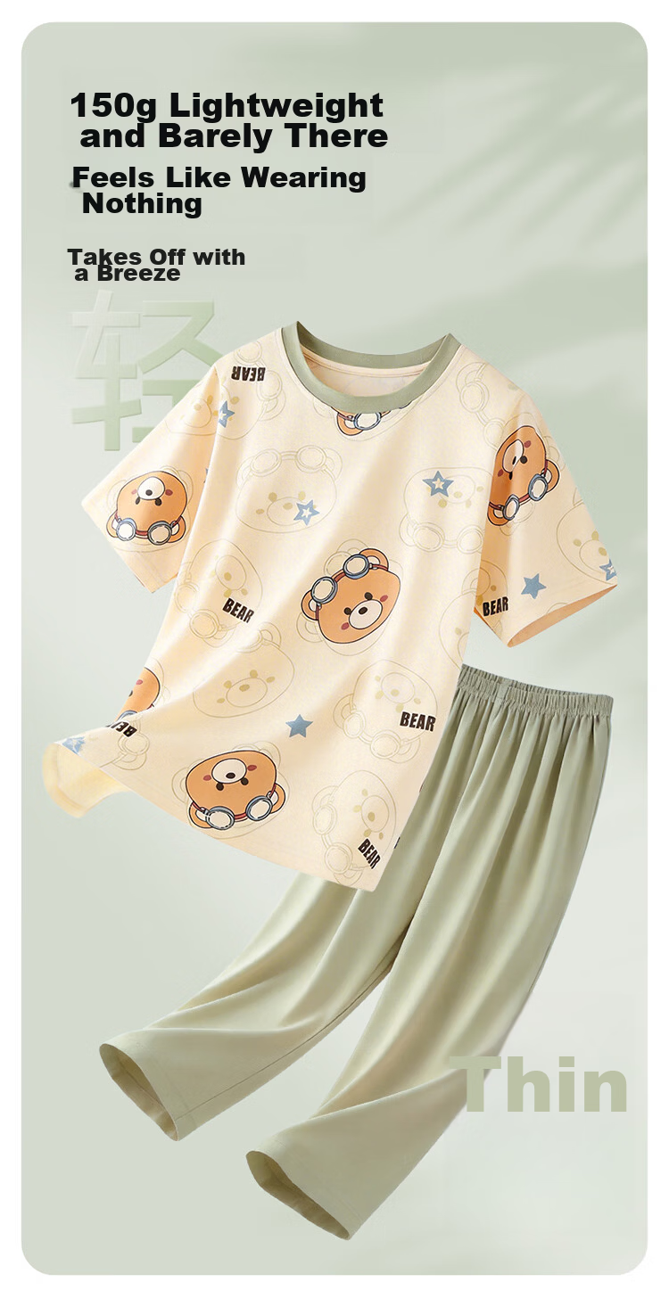 Hodo Kids 100% Cotton Boys' Summer Thin Round Neck Pajama Set, Baby Boys' Wearable Homewear 7
