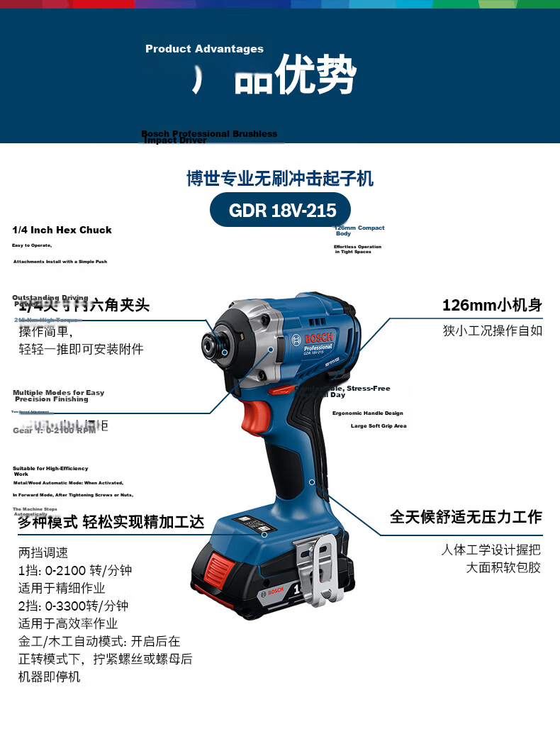 BOSCH Impact Driver Electric Wrench Metalworking Woodworking 18V Lithium Battery GDR 18V-215 Two Batteries One Charger Set 8