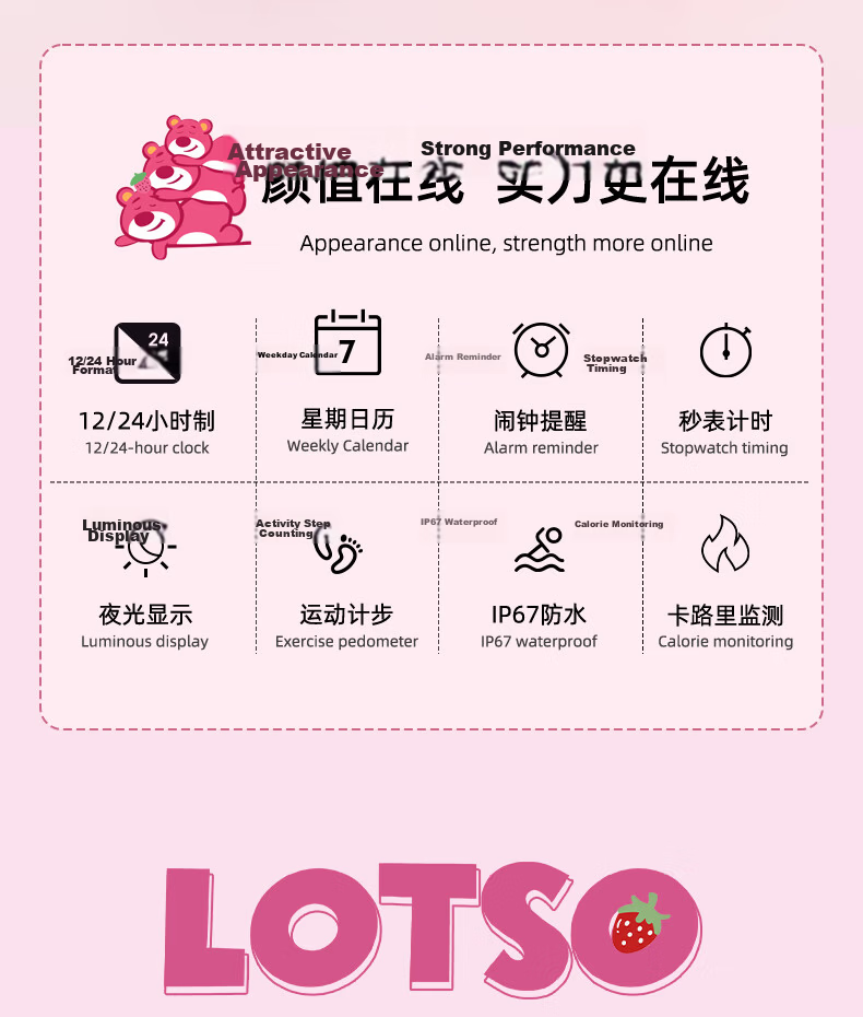 Disney Strawberry Bear Student Sports Outdoor Silent Alarm Electronic Watch Junior High School Girls Vibration Reminder Waterproof Kids Watch 2