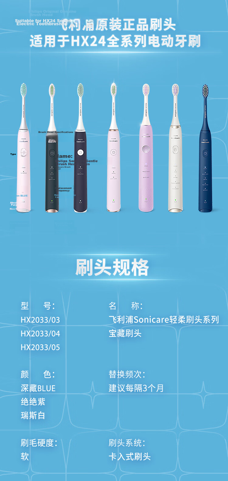 PHILIPS Electric Toothbrush Heads Official Original Compatible with HX24 Series/HX2461/HX2431/HX2471/03 White Handle Cleaning Whitening 3-Pack HX2033/05 6