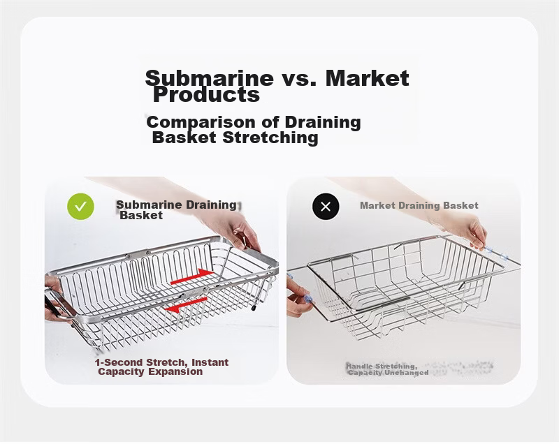 Submarine 304 Stainless Steel Kitchen Draining Rack Food Grade Sink Basket Dish Rack Telescopic Storage Rack 17