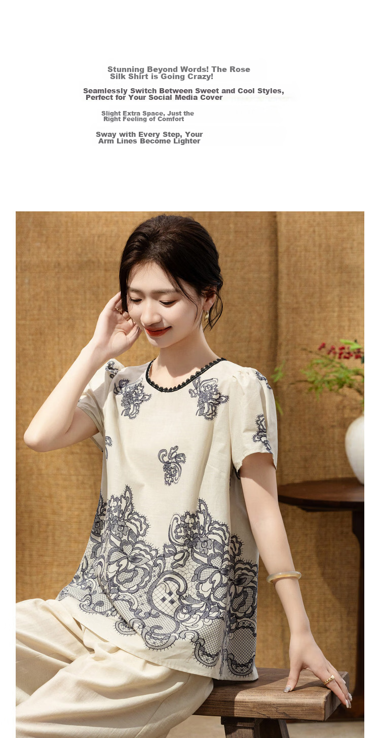 Demana [Oxygen Pure Cotton] Summer Elegant Style Round Neck Lace Printed A-Line Slimming Concealing Shirt for Women Premium Feel 5