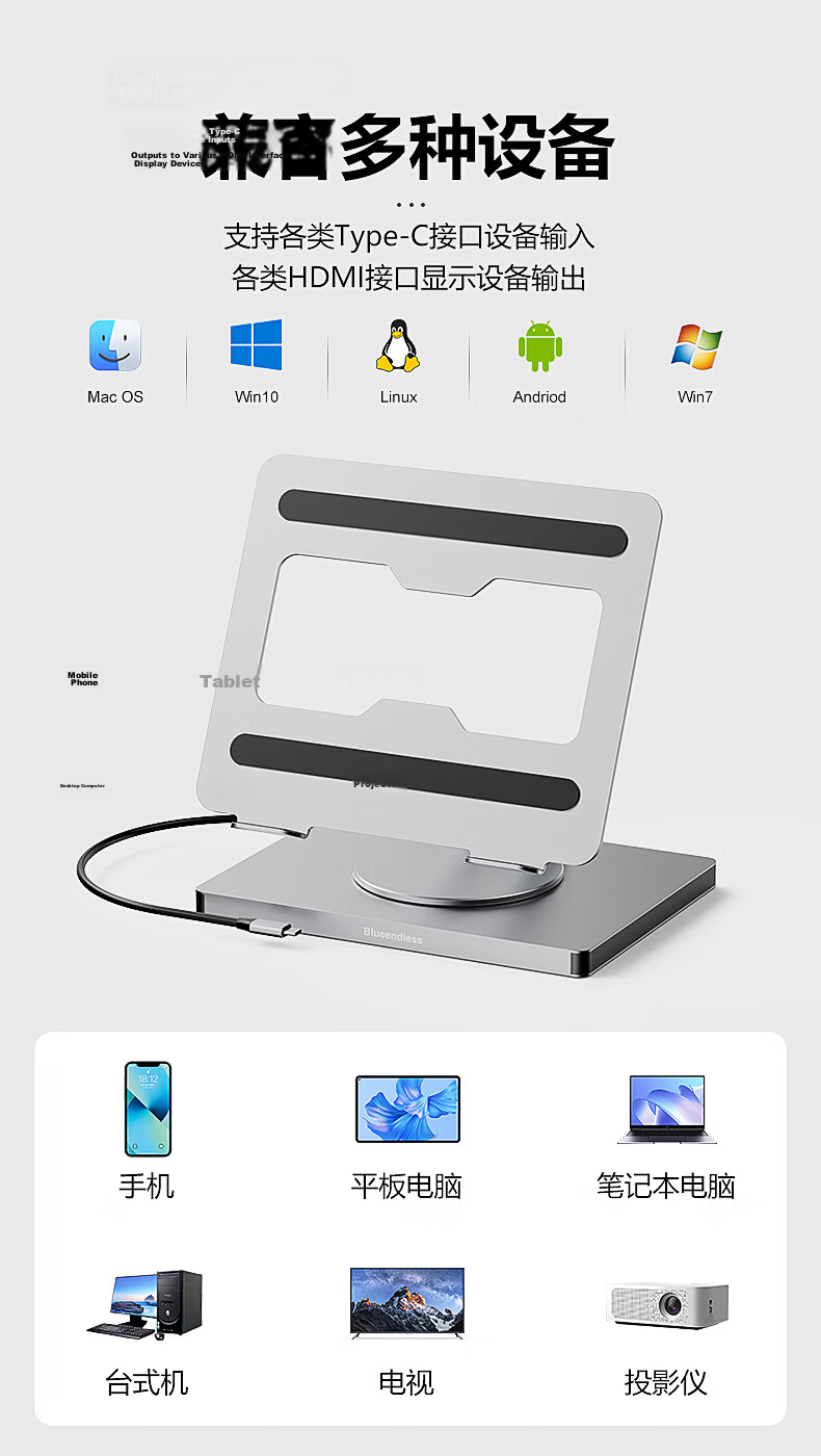 Lanshuo 10-in-1 Laptop Type-C Docking Station Stand 360° Rotatable 4K60 Display Gigabit Ethernet PD 100W Charging USB 3.0 Expansion Aluminum Alloy Heightening Stand 13
