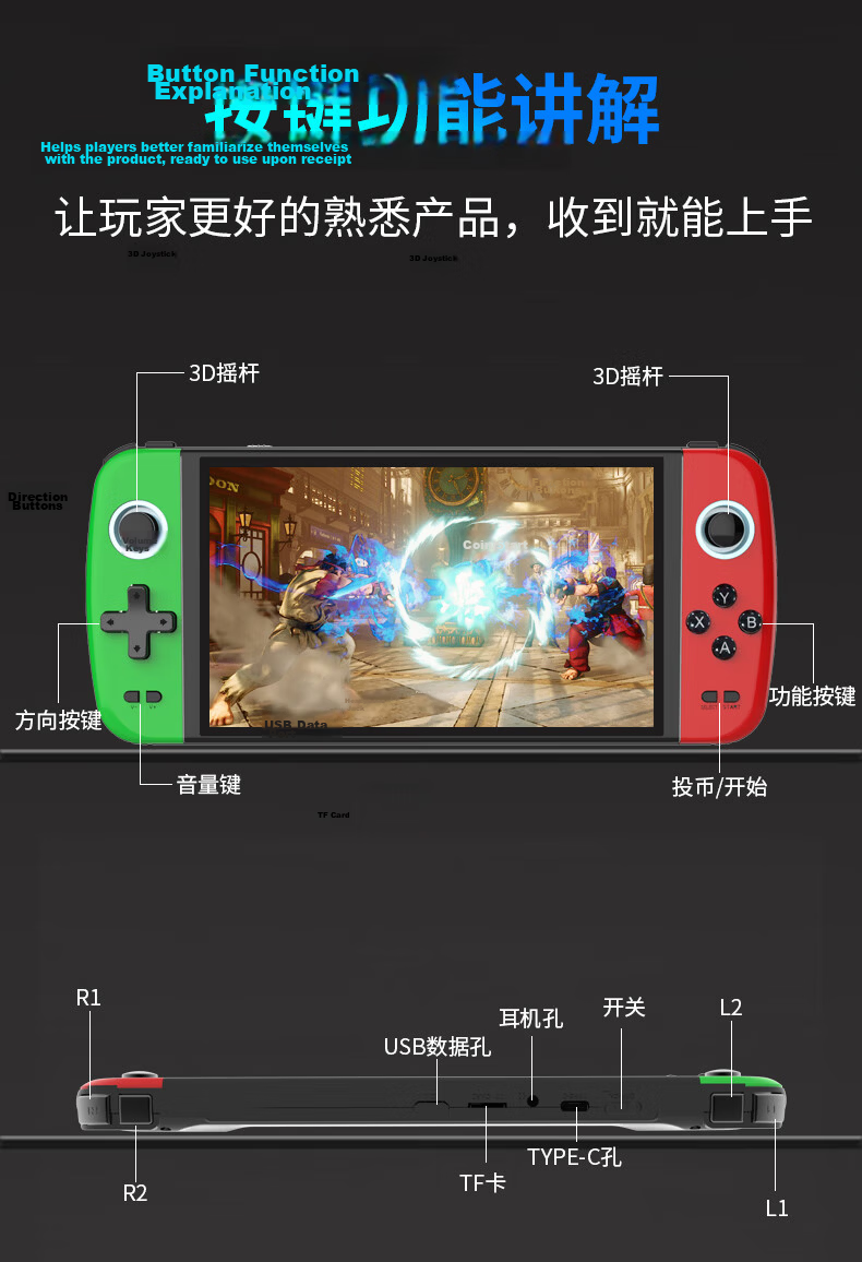 Subor Q900pro Handheld PSP Game Console FC Retro Two-Player Joystick Arcade Children's Game Console Birthday Gift 7-inch Red and Blue 64GB 16