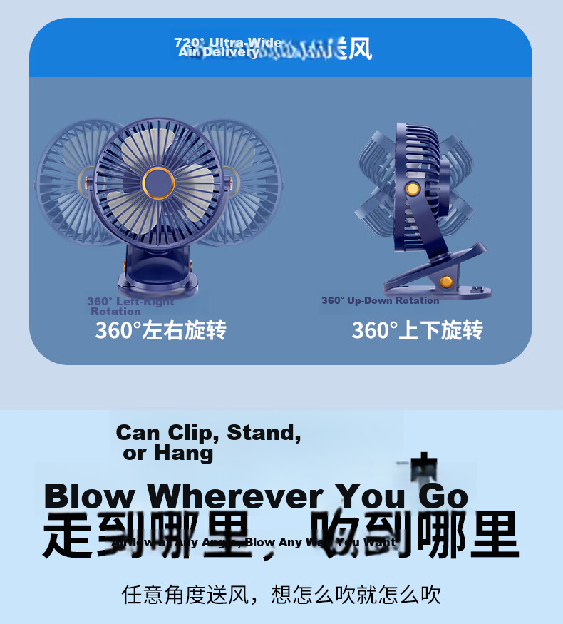 Cobins Desktop Mini Clip Fan Portable USB Rechargeable Small Fan for Students Dorm Bedside Baby Stroller Outdoor Camping Blue 20