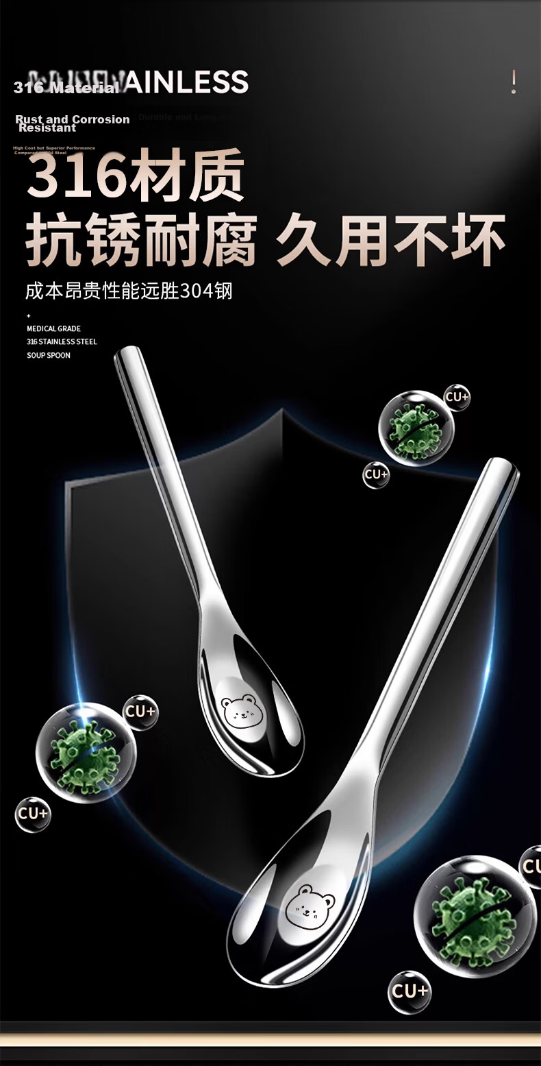 Licheers Stainless Steel Spoon 316 Food Grade Soup Spoon Cafeteria Dining Spoon Household Stainless Steel Children's Eating Spoon 2