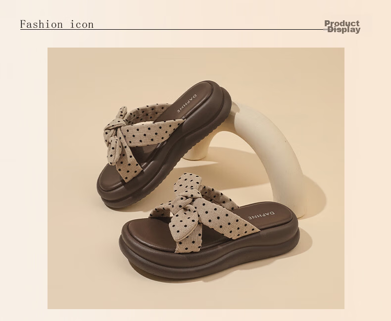 DAPHNE 2026 Summer New Polka Dot Bow Thick Sole Height Increasing Comfortable Outdoor Slippers for Women 21
