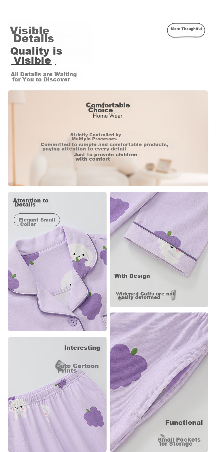 Hodo Children's Pajamas, Girls' Spring And Autumn All-Season Pure Cotton Loungewear, Long-Sleeve Top And Long Pants, Lapel Collar Set, M3512, Light Purple, Size 140 3