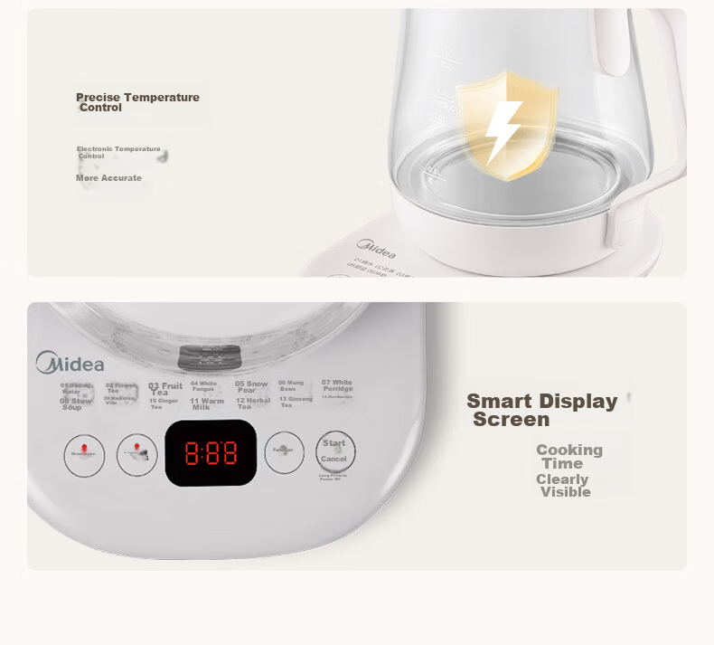 Midea Health Pot with 14 Wellness Functions, 1.5L Large Capacity, 24-Hour Smart Reservation, 304 Stainless Steel Tea Kettle MK-YSN1510G 14