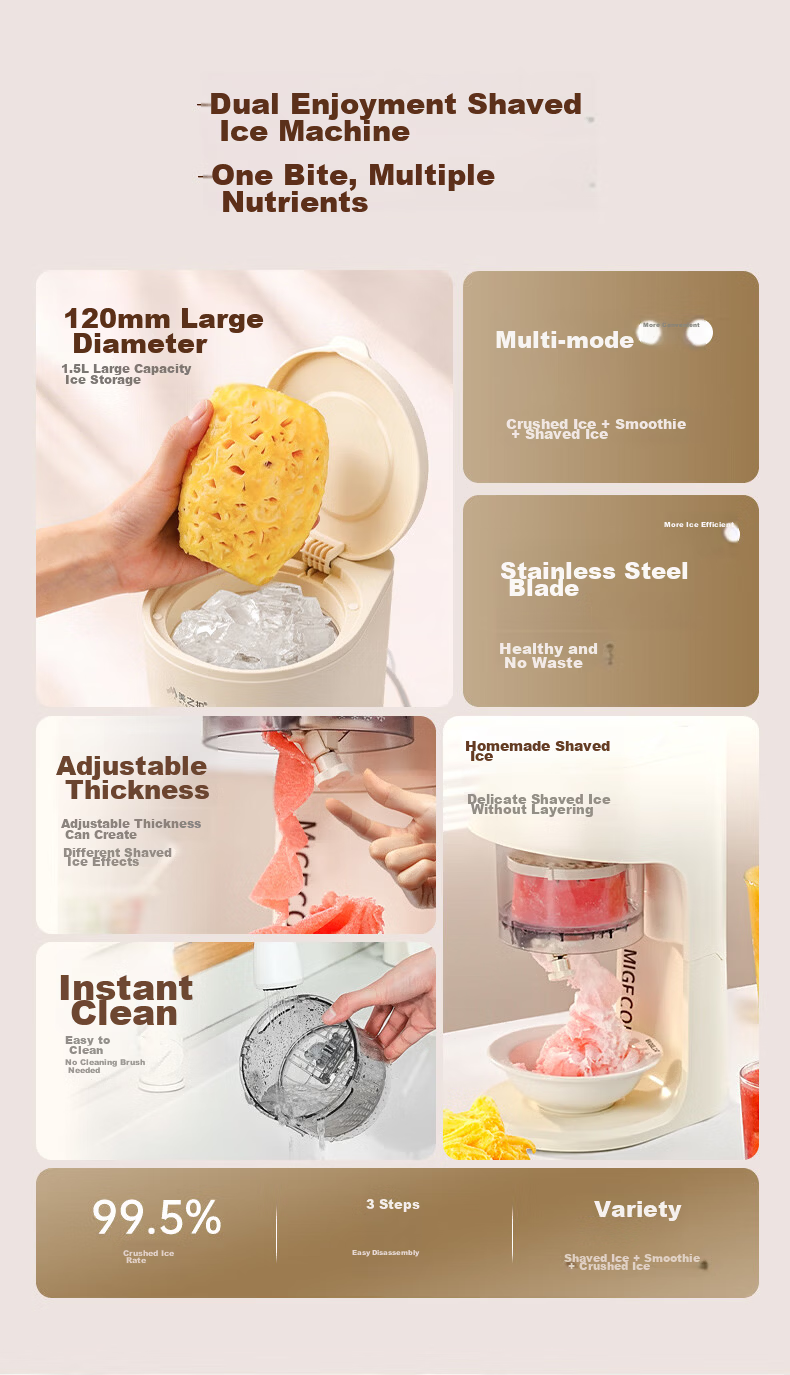 Meizhikou Ice Shaver, Home And Street Vending Automatic Snow Cone Machine, Multifunctional Electric Ice Crusher, Adjustable Coarse And Fine Settings, Soft Serve Machine 3