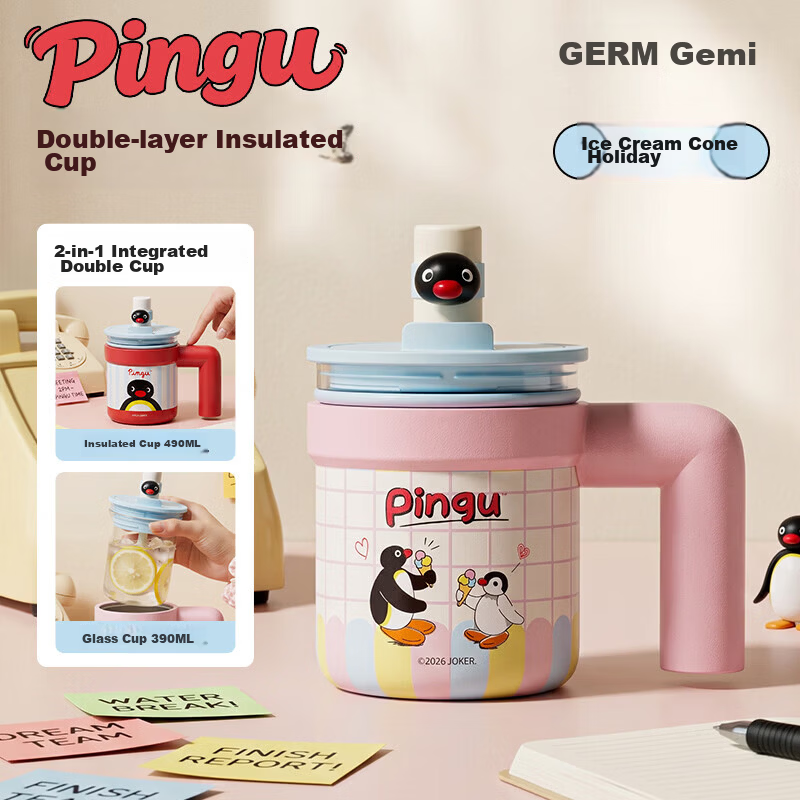 Germ Pingu Penguin Glass Liner Insulated Straw Water Bottle for Women High-Value Coffee Cup Double-Liner 490ML Cone Design