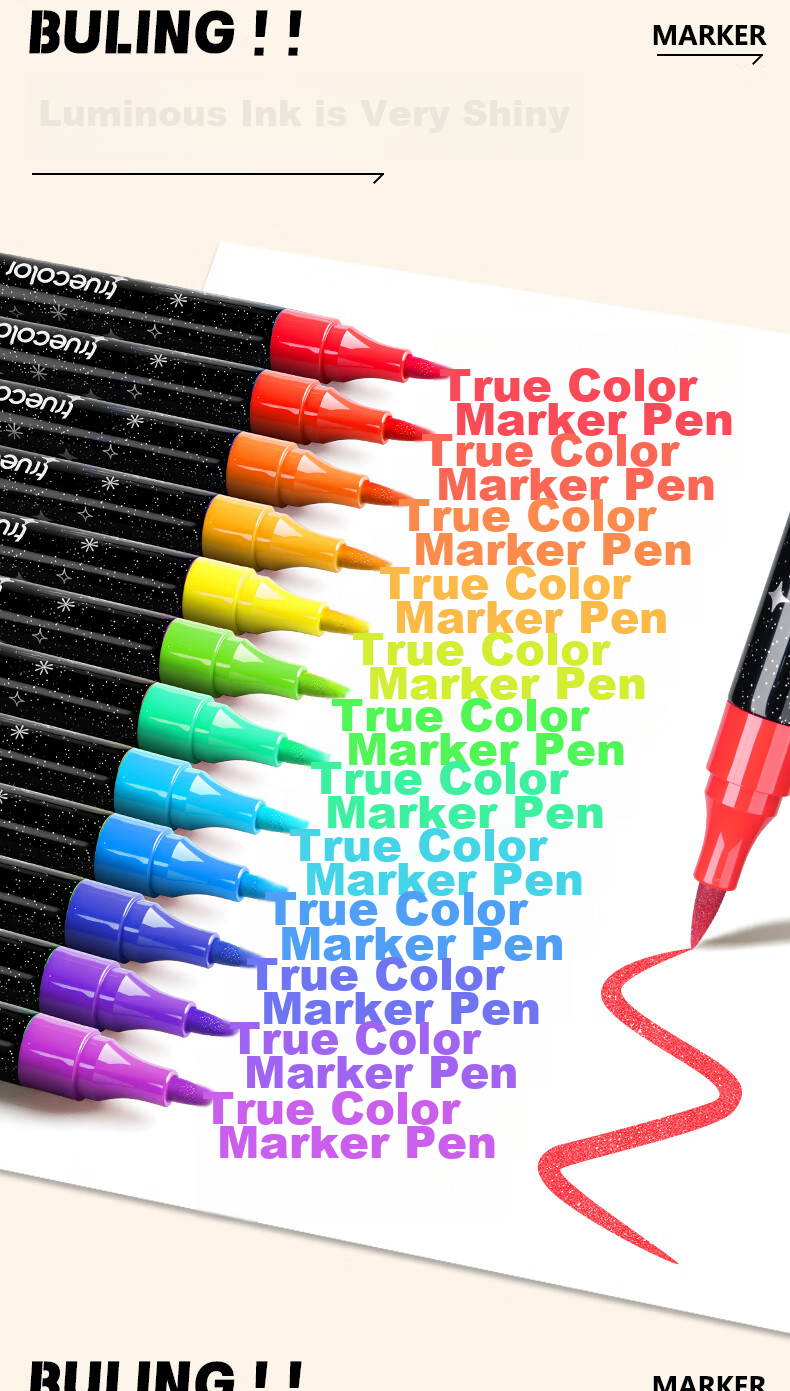 TRUECOLOR 24-Color Soft Tip Dual-Ended Glitter Gel Watercolor Markers Fluorescent Pens for Drawing Handwritten Reports Student Journals Children's Day Gift 6088 3