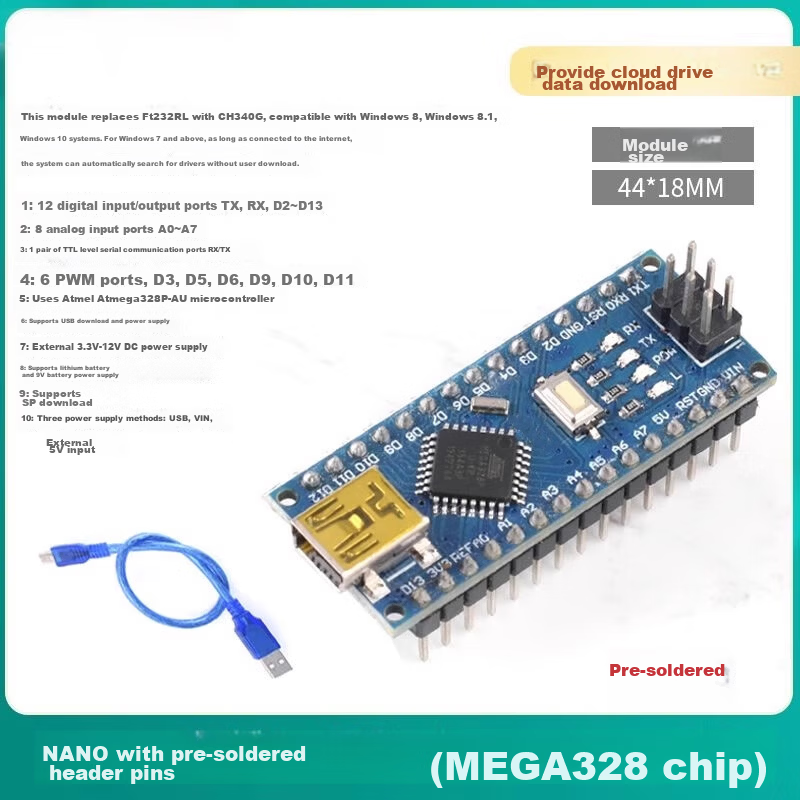 ZAVE Arduino Nano Uno Development Board Kit MINI Interface Pre-soldered Pin Header with Wires (328 Chip) Upgraded ATmega328P Microcontroller Mainboard